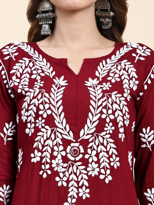 Fizaa Chikankari Long Modal Kurta Set - Maroon